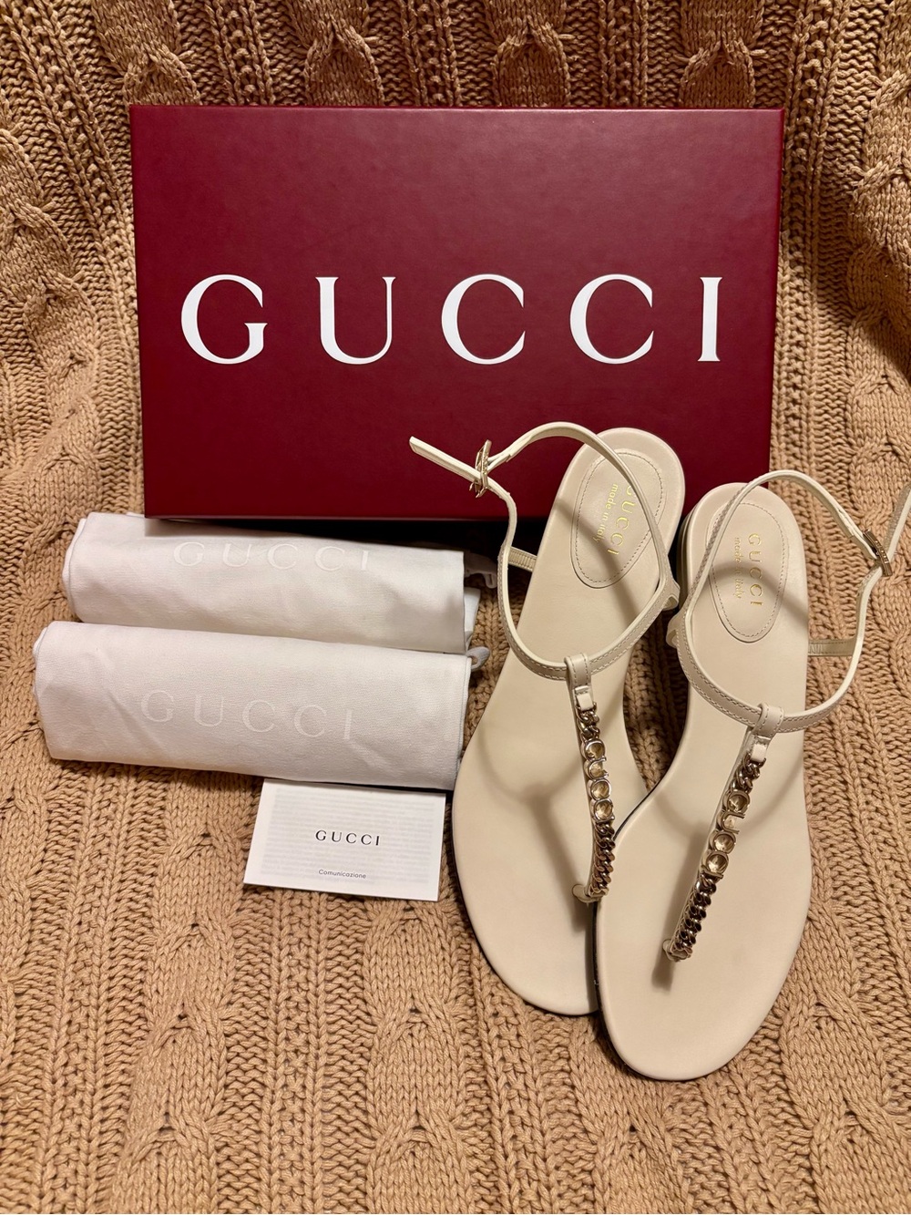 Gucci Cream Leather T-Strap Sandals
